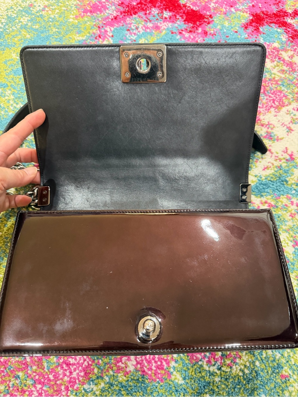 CHANEL Quilted Patent Leather Shoulder Bag in Dark Brown - Picture 4 of 5
